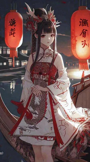 少女漫画古风灯笼夜晚夜景船只手绘插画