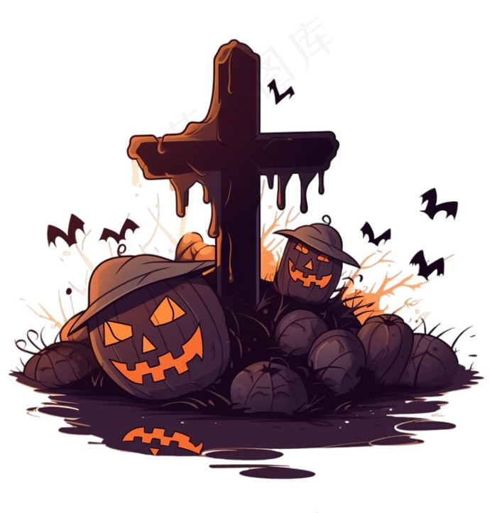 十字架坟墓南瓜怪物蝙蝠恐怖卡通插画免抠