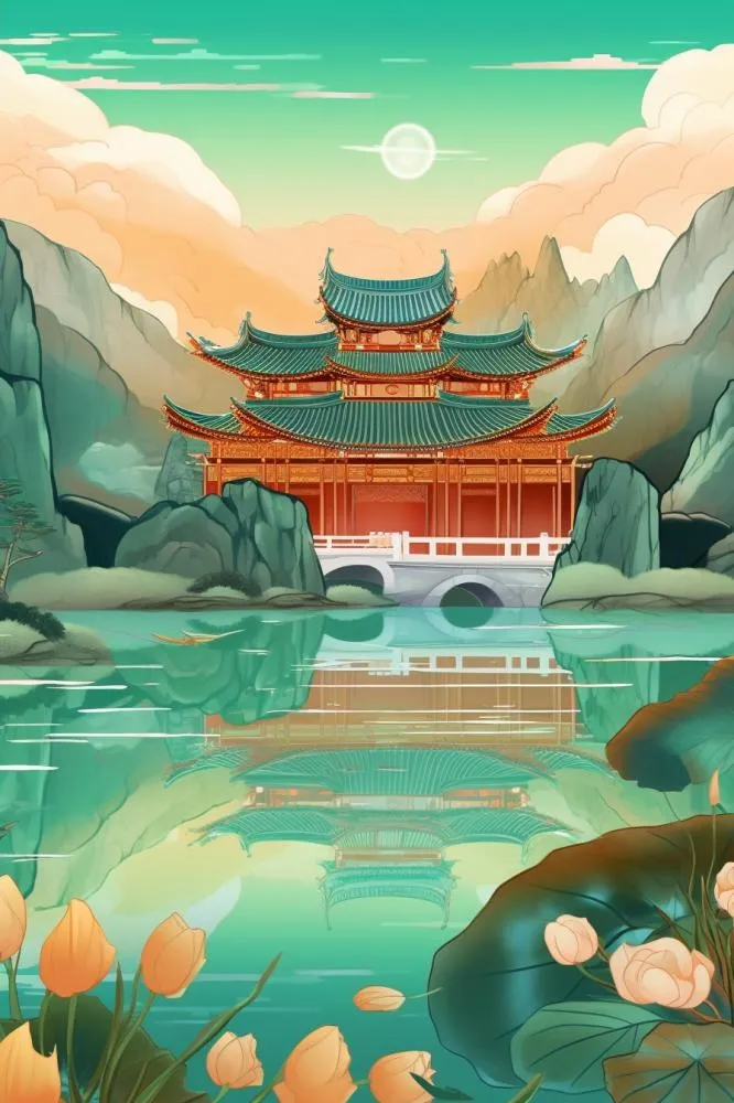 国潮国风夏季山水建筑背景(896x1344)