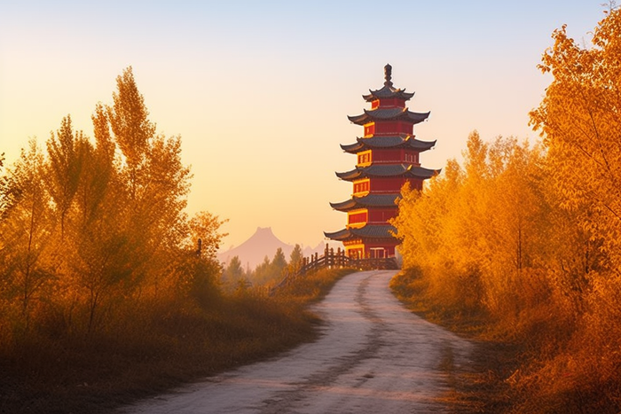 秋季金黄的树叶树木道路尽头塔摄影图(4032x2688)