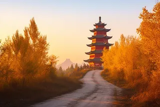 秋季金黄的树叶树木道路尽头塔摄影图