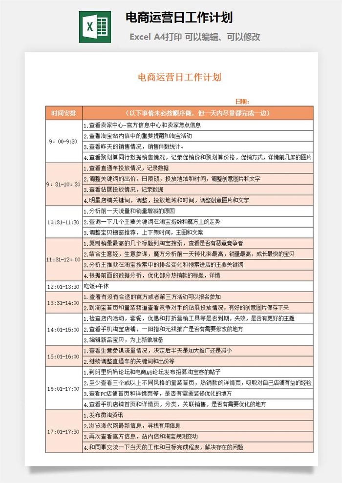 电商运营日工作计划