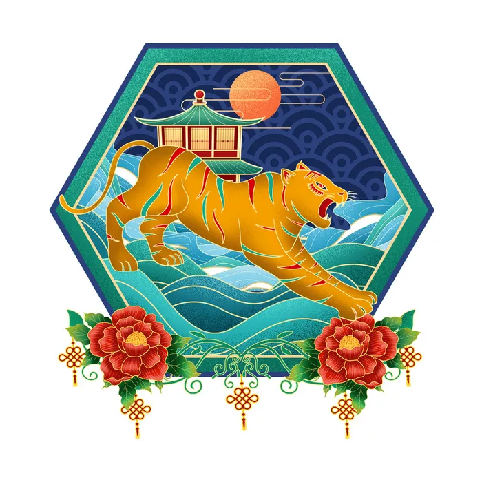 中国风国潮十二生肖虎手绘烫金插画春节剪纸元素PSD设计素材psd模版下载