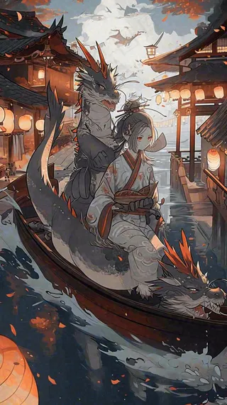 古风恐怖怪兽龙河面灯笼建筑插画，暗黑