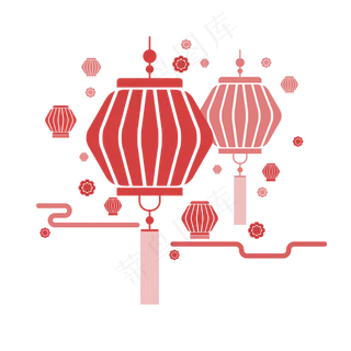 中国风 手绘 卡通元素 传统 复古红 灯笼装饰 PNG 免抠 