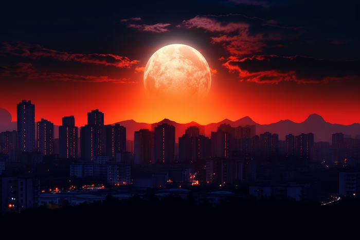 月圆之日夜晚城市上空的月亮摄影图