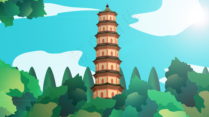 古风建筑插画psd模版下载