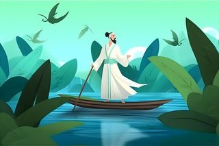 湖上划船绿色植物湖水水墨画背景
