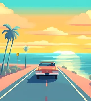 开车旅行海边公路天空云朵插画背景