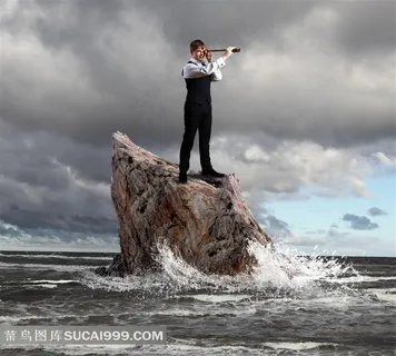 礁石上拿着望远镜的商务人士