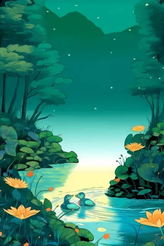 国风荷花蓝绿湖面荷叶背景