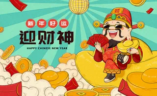 2022虎年春节团圆过大年年货赶集除夕年夜饭财神红包矢量插画