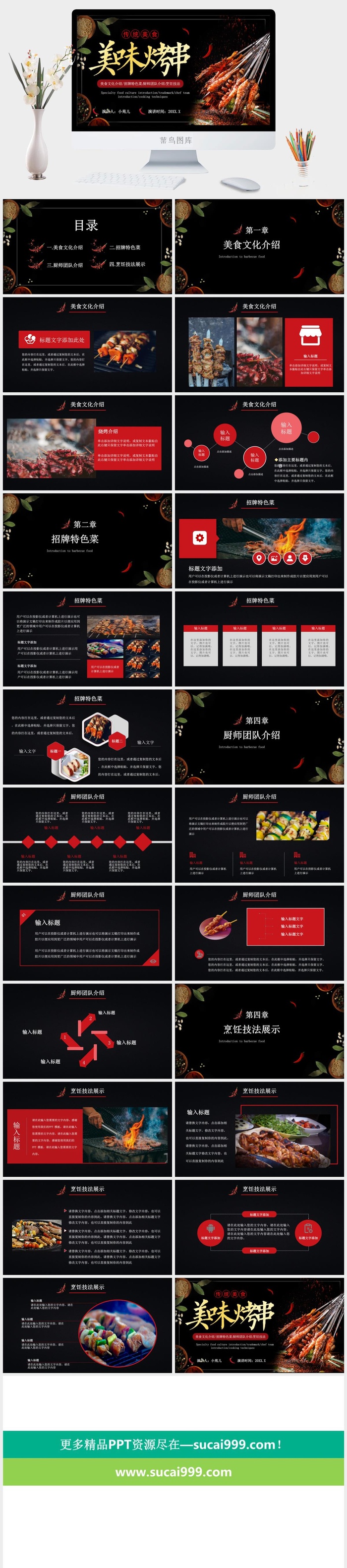 国潮美食餐饮PPT模板中华美食火锅烤串海鲜加盟宣传