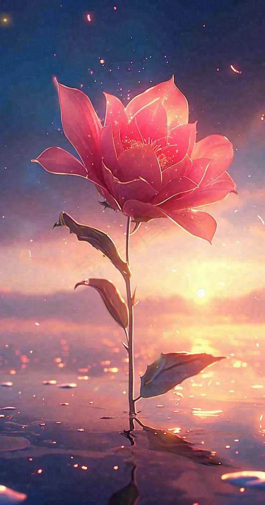 海平面上渐变落日前的一支粉色玫瑰花鲜花花朵，鲜艳爱情(800x1520)