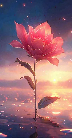 海平面上渐变落日前的一支粉色玫瑰花鲜花花朵，鲜艳爱情