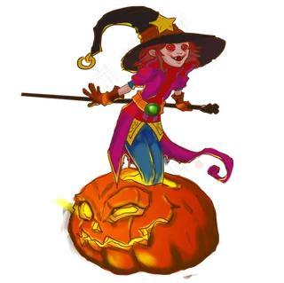 万圣节节日卡通素材女巫骑乘南瓜