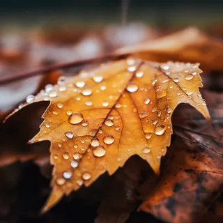 秋天掉落的树叶上的露珠摄影图