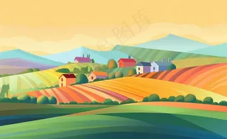 乡村村庄美丽风景河流插画农田插画背景