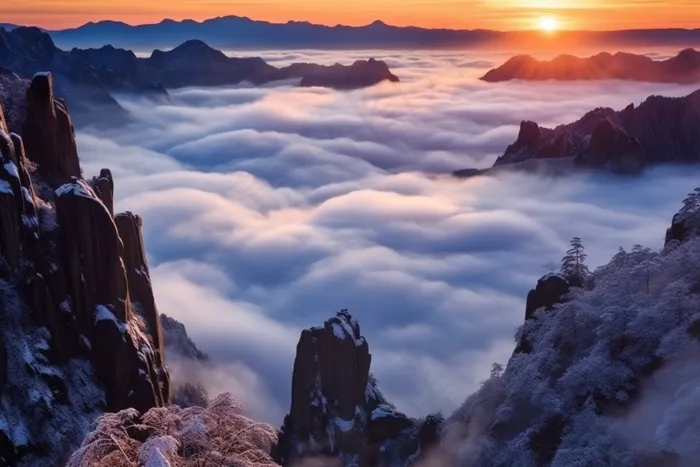 冬季高山云层日出雪景摄影图(4032x2688)