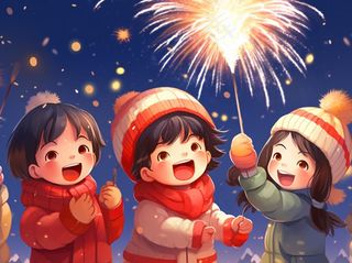 新年除夕放烟花爆竹的孩童庆祝新年喜庆卡通插画背景