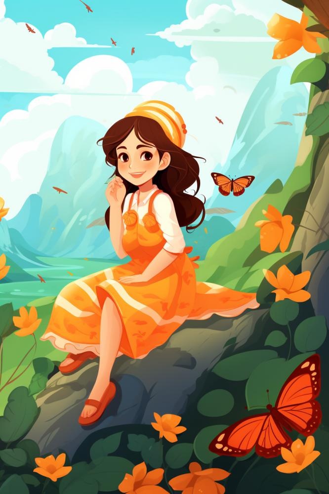 清新花草女孩蝴蝶插画背景