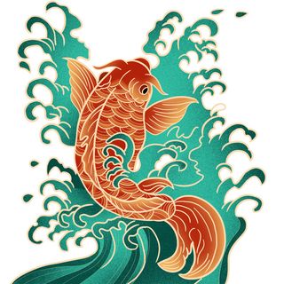 手绘国潮古风喜庆铜钱锦鲤鱼金鱼荷花插画场景装饰PSD设计素