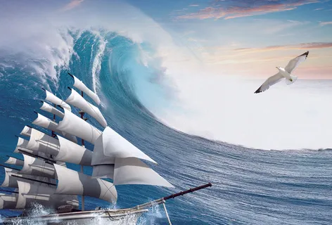 帆船海浪大海飞鸟蓝天白云高新背景图装饰画