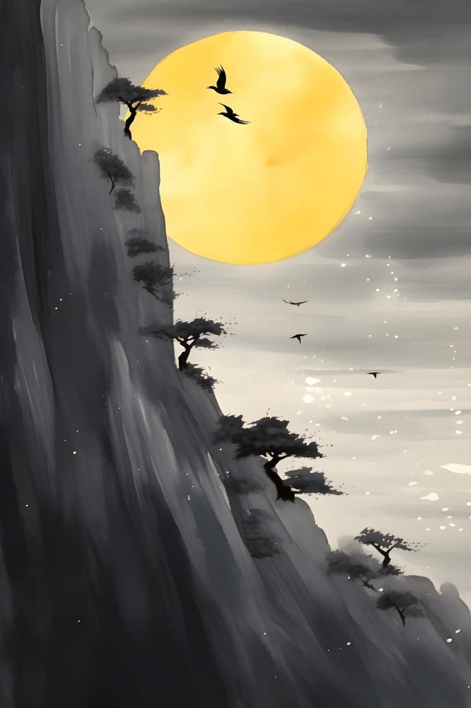 月亮月光山脉水墨简约背景(2400x3600)