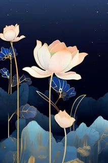 简约意境山水荷花蓝色背景