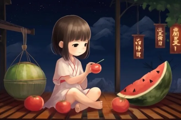 夜晚窗边乘凉水果猫插画背景(1344x896)