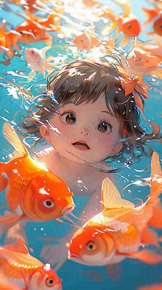 夏天泳池婴儿小孩游泳玩耍金鱼锦鲤，小暑大暑(816x1456)