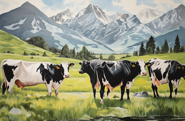 一些奶牛在草地上行走背后是山脉，自然风景苏联风格(4080x2688)