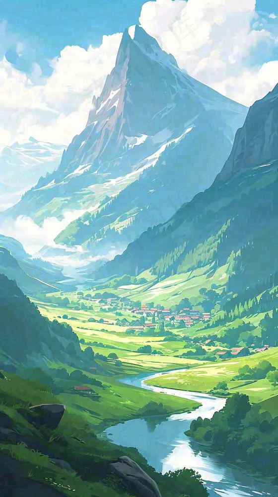 阳光春天细长流水山脉村庄小屋草坪，春分，旅行露营(816x1456)
