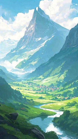 阳光春天细长流水山脉村庄小屋草坪，春分，旅行露营