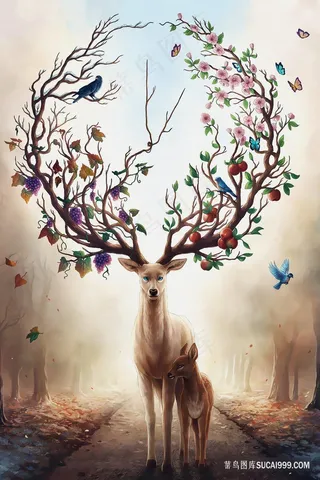 唯美麋鹿树枝高清插画