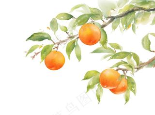 秋 柿子树水彩画插画免抠