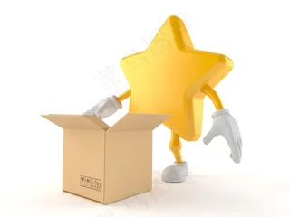 打开的纸箱和站在纸箱前的黄色立体小星星高清图片3D图片