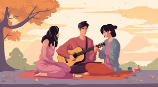 两个女孩看着一个男孩坐在地上弹吉他插画配图