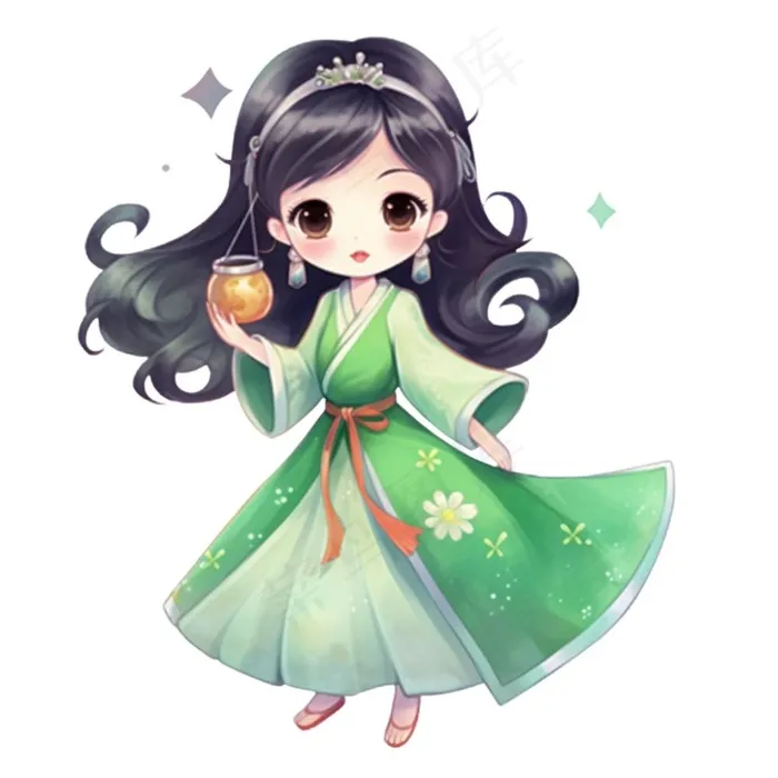 古风少女绿衣裙插画免抠(1024x1024)