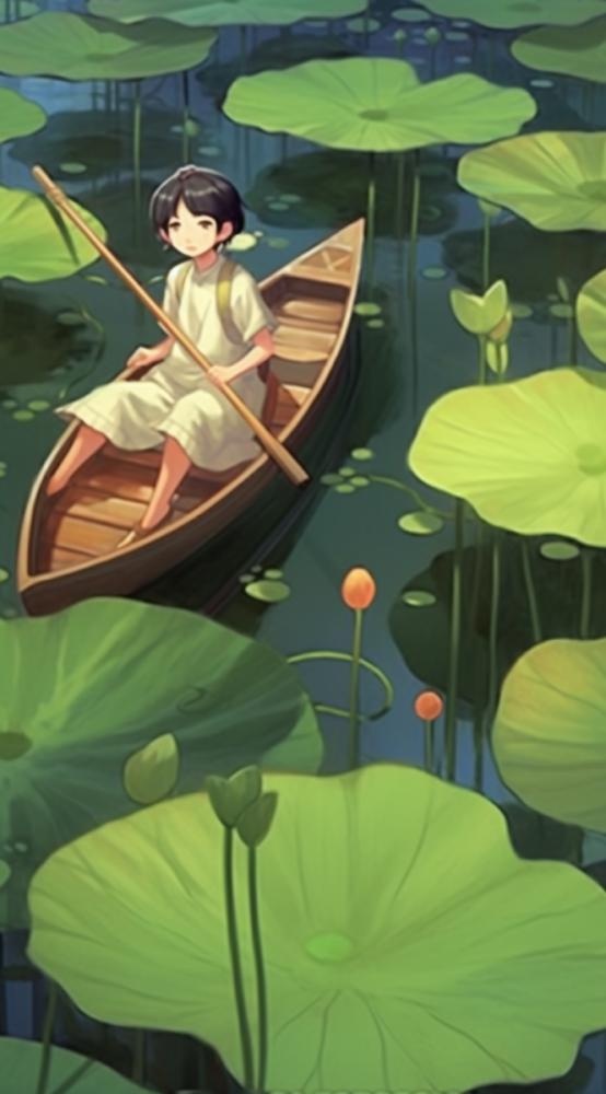 荷花荷叶池里划船的少年绿色插画背景(665x1200)