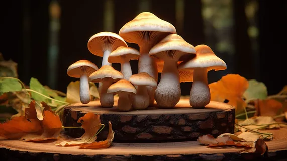 蘑菇秋季菌类木桩黄叶装饰摄影图