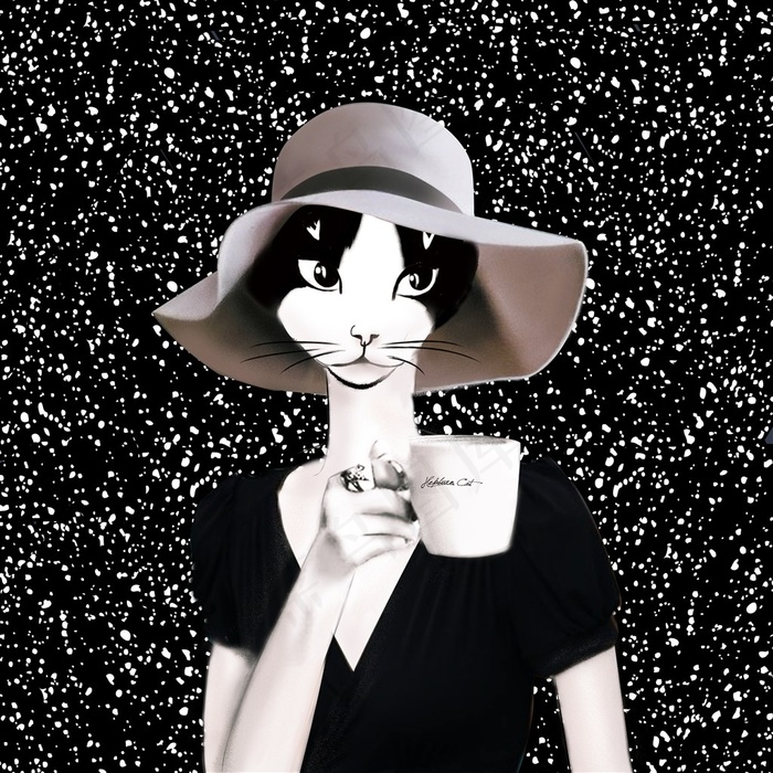 时尚手绘卡通猫咪小姐插画素材