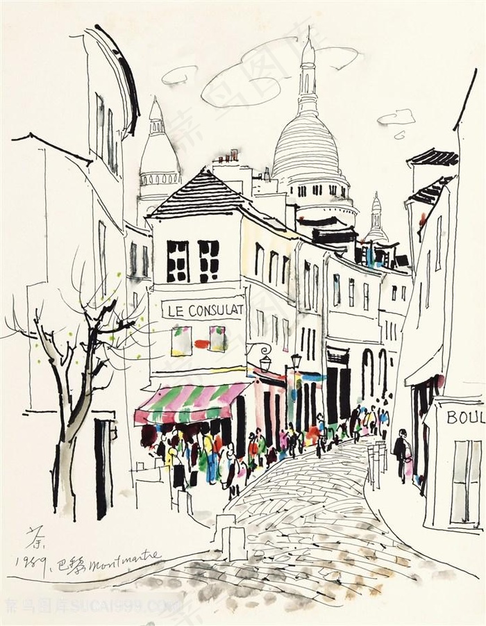 吴冠中手绘道路建筑街道美景装饰画