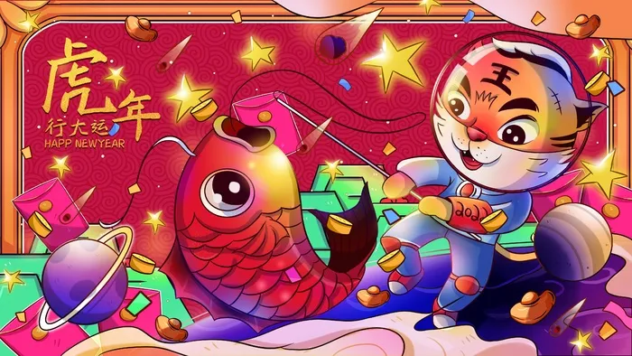 虎年中国风萌虎插画psd模版下载
