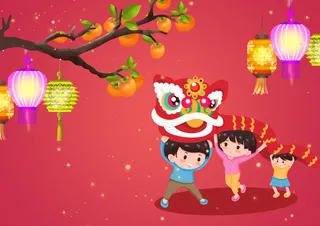 中秋节儿童舞狮红色背景