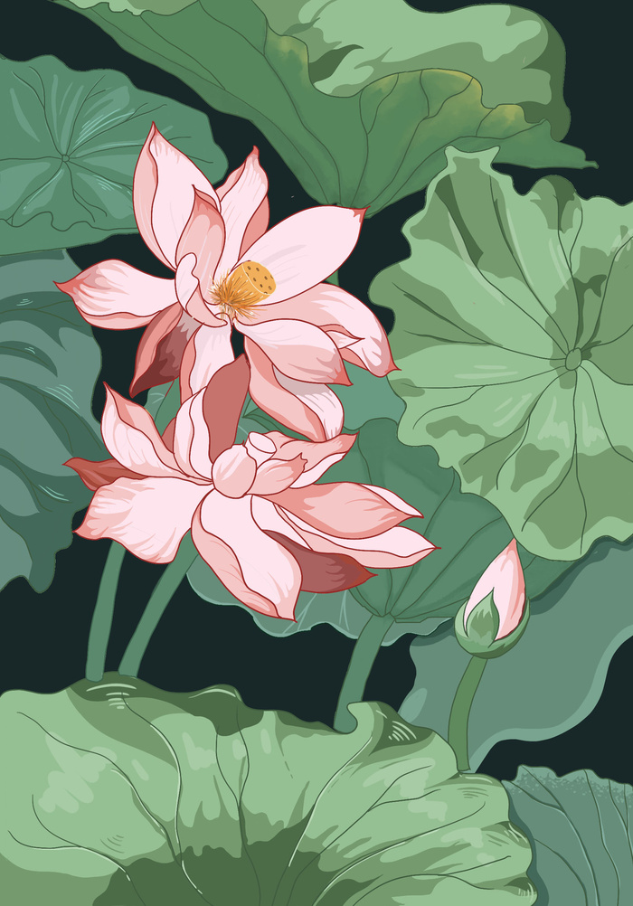 绿色夏天国风插画psd模版下载