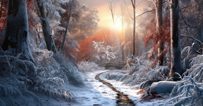 森林里下雪清晨日出霞光普照摄影图