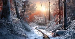 森林里下雪清晨日出霞光普照摄影图