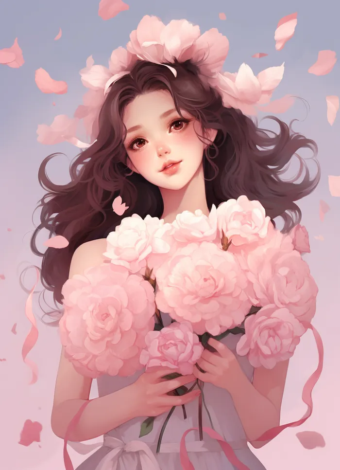 美丽少女抱着大捧粉色鲜花卡通插画(x)