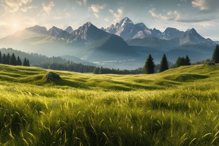 日出日落时的山景绿草如茵的摄影图